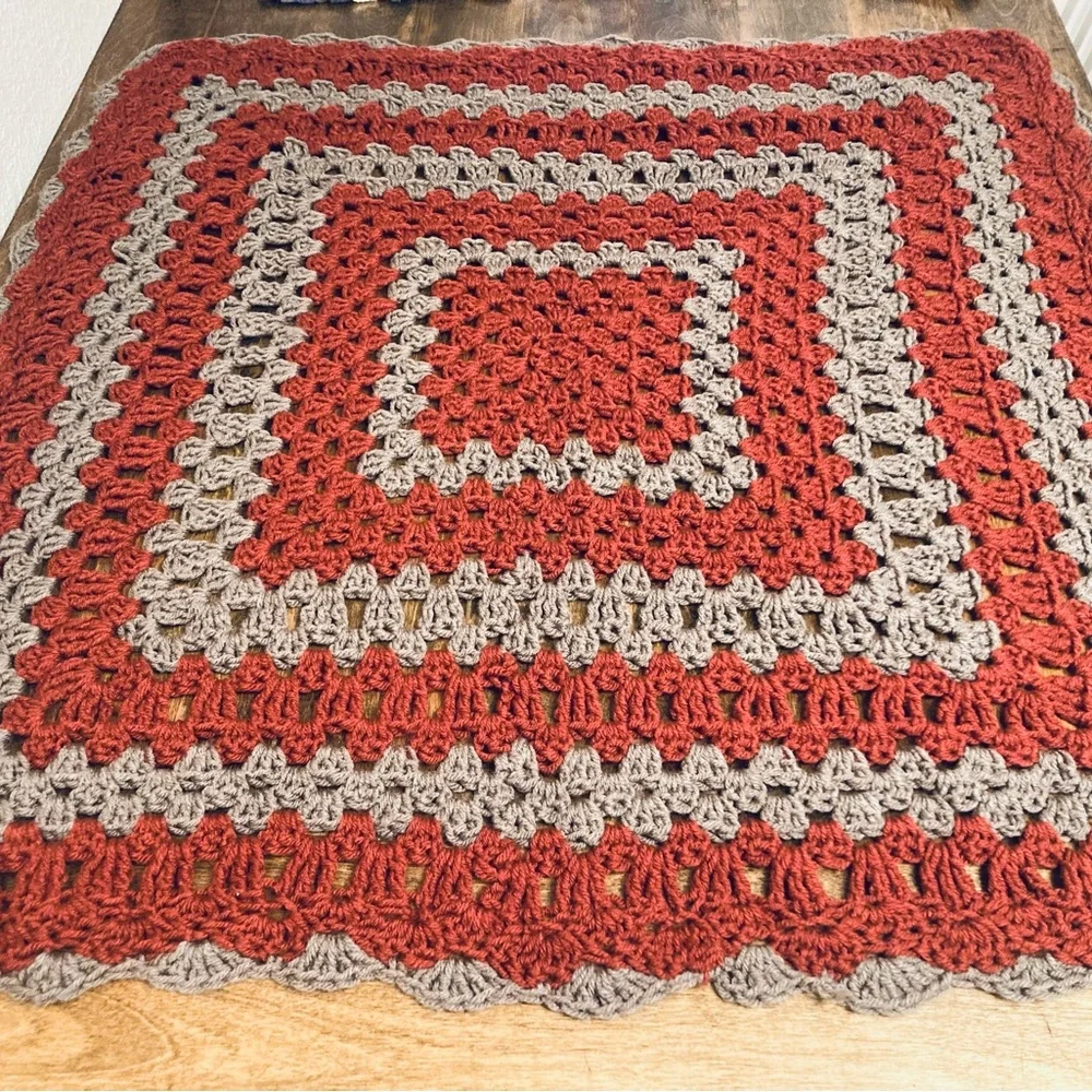 Vintage hand made retro burnt orange and grey knitted crochet granny table cover